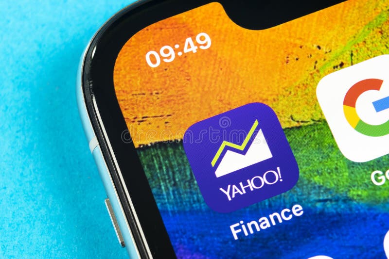 Helsinki, Finland, May 4: Yahoo finance application icon on Apple iPhone X smartphone screen close-up. Yahoo finance app icon. Social network. Social media icon