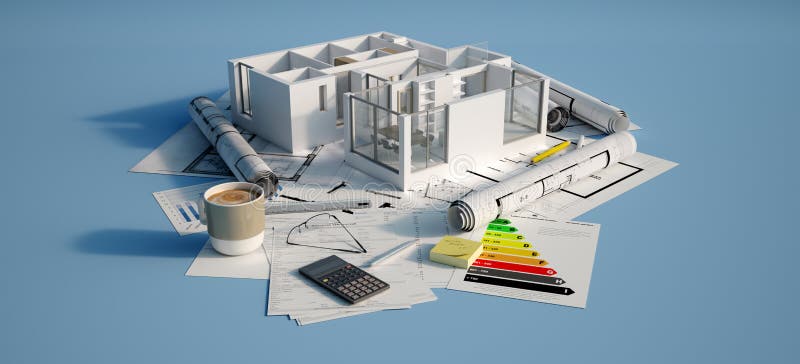 3D rendering of Cross section of a residential unit on top of a table with mortgage application form, calculator, blueprints, etc. 3D rendering of Cross section of a residential unit on top of a table with mortgage application form, calculator, blueprints, etc