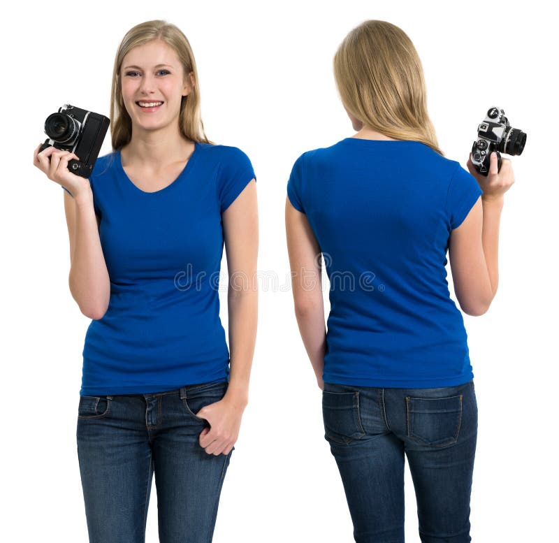 Hembra con la camisa y la cámara azules en blanco imagenes de archivo Hembra con la camisa y la cámara azules en blanco imagenes de archivo