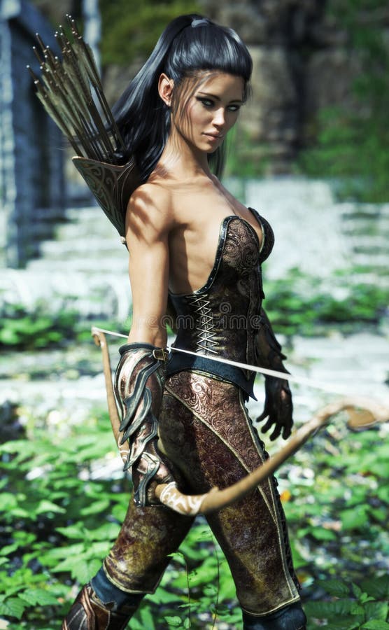 Hembra del duende de la fantasía que lleva la armadura exótica y equipada de un arco libre illustration Hembra del duende de la fantasía que lleva la armadura exótica y equipada de un arco libre illustration