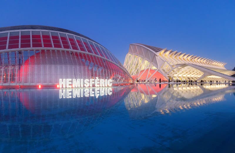 Valencia, Spain: The Hemisfèric and Science Museum in the City of Arts and Sciences night scene stock images Valencia, Spain: The Hemisfèric and Science Museum in the City of Arts and Sciences night scene stock images