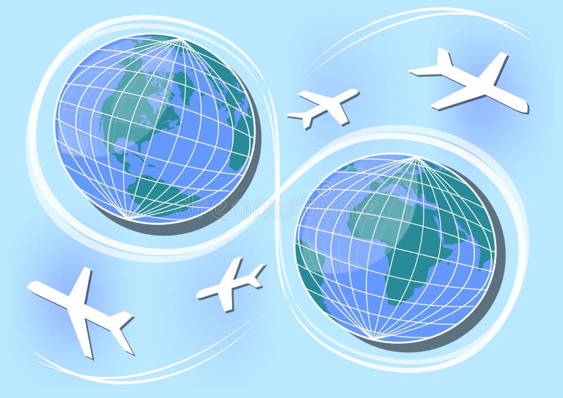 Hemisfério ocidental e oriental, trajetos do ar e conexões no mundo Projeto para uma agência de viagens, dia internacional do car ilustração royalty free Hemisfério ocidental e oriental, trajetos do ar e conexões no mundo Projeto para uma agência de viagens, dia internacional do car ilustração royalty free