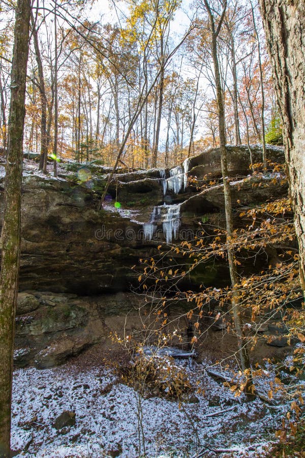 View of Hemlock Cliffs in Autumn after a Light Snow, Indiana Stock
