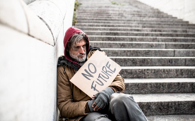 Homeless beggar man sitting on stairs outdoors in city holding no future cardboard sign. Homeless beggar man sitting on stairs outdoors in city holding no future cardboard sign.