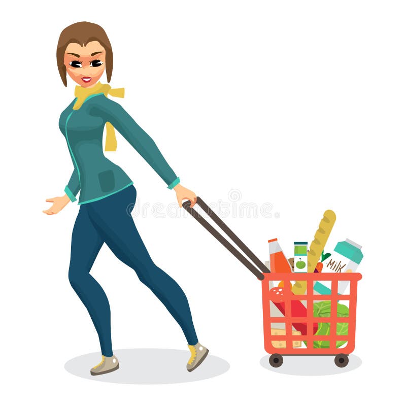 Hemmafru för ung kvinna i en supermarket med en full korg av fooen royaltyfri illustrationer Hemmafru för ung kvinna i en supermarket med en full korg av fooen royaltyfri illustrationer