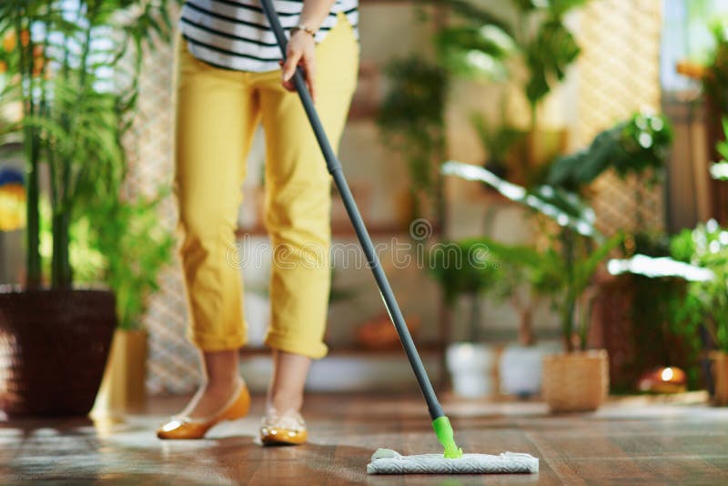 Closeup on middle aged woman with mop housecleaning in the house in sunny day. Closeup on middle aged woman with mop housecleaning in the house in sunny day