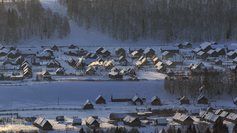 Hemu village at sunrise in Xinjiang, China, Kanas on winter