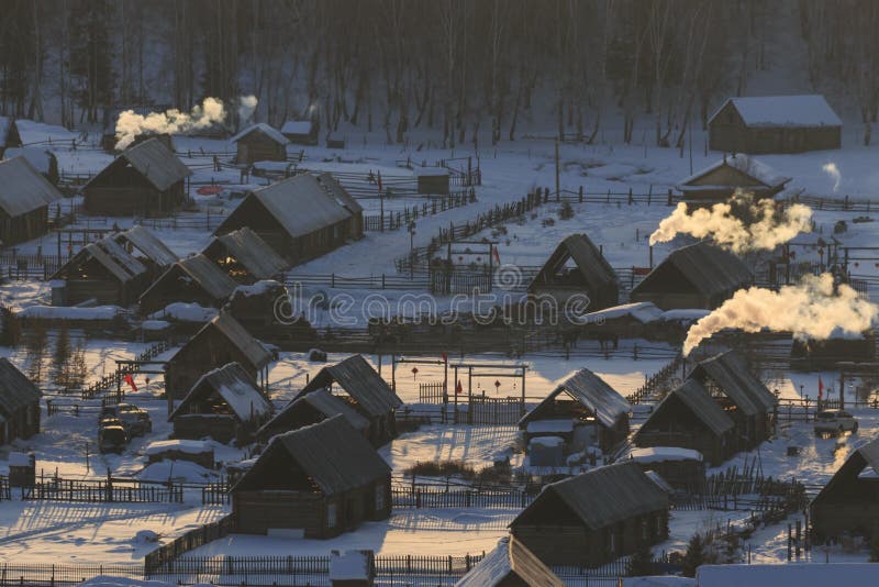 Hemu village at sunrise in Xinjiang, China, Kanas on winter.