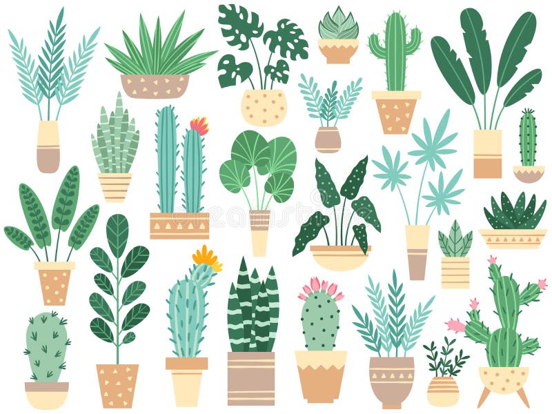 Hemväxter i krukor Naturhouseplants, garnering lade in houseplanten och blommaväxten som planterar i den isolerade krukavektorn stock illustrationer
