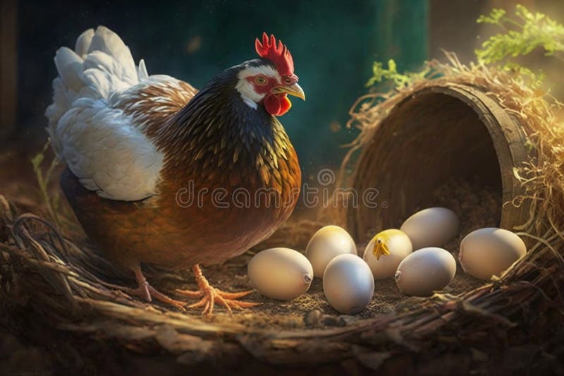 Hen, Chicken Eggs and Chickens Eating Food in Farm Stock Illustration