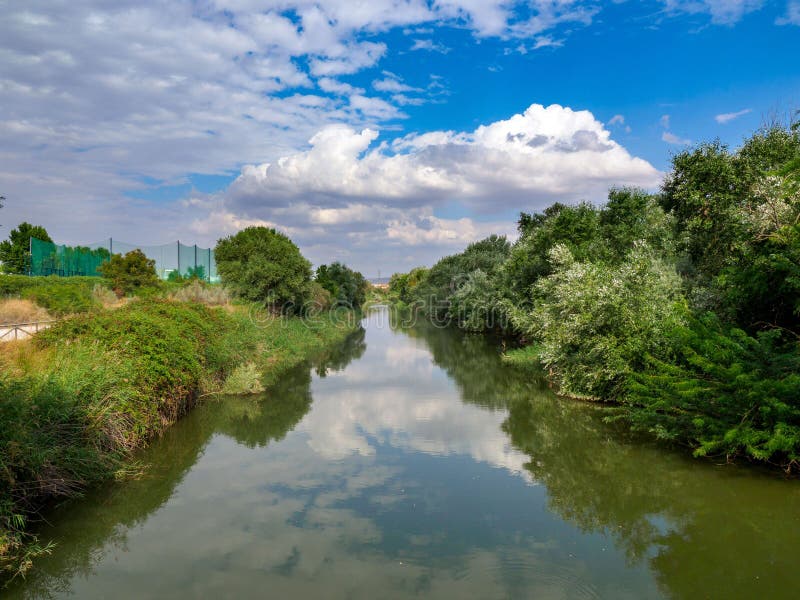 Un rio sobre el su forma través la ciudad de en muy verde bancos a el cielo nubes.