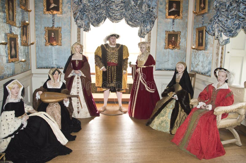 Waxworks of the six wives of Henry VIII stood in the drawing room at Warwick Castle. Waxworks of the six wives of Henry VIII stood in the drawing room at Warwick Castle