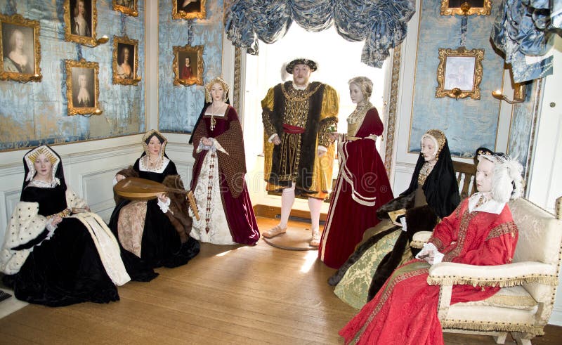 Waxworks of the six wives of Henry VIII stood in the drawing room at Warwick Castle. Waxworks of the six wives of Henry VIII stood in the drawing room at Warwick Castle