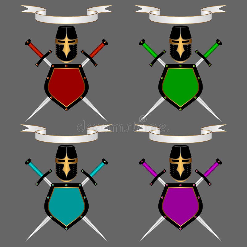 Banner, knightly helmet, shield and swords on a gray background. A heraldic composition. Set. Bulat vectors