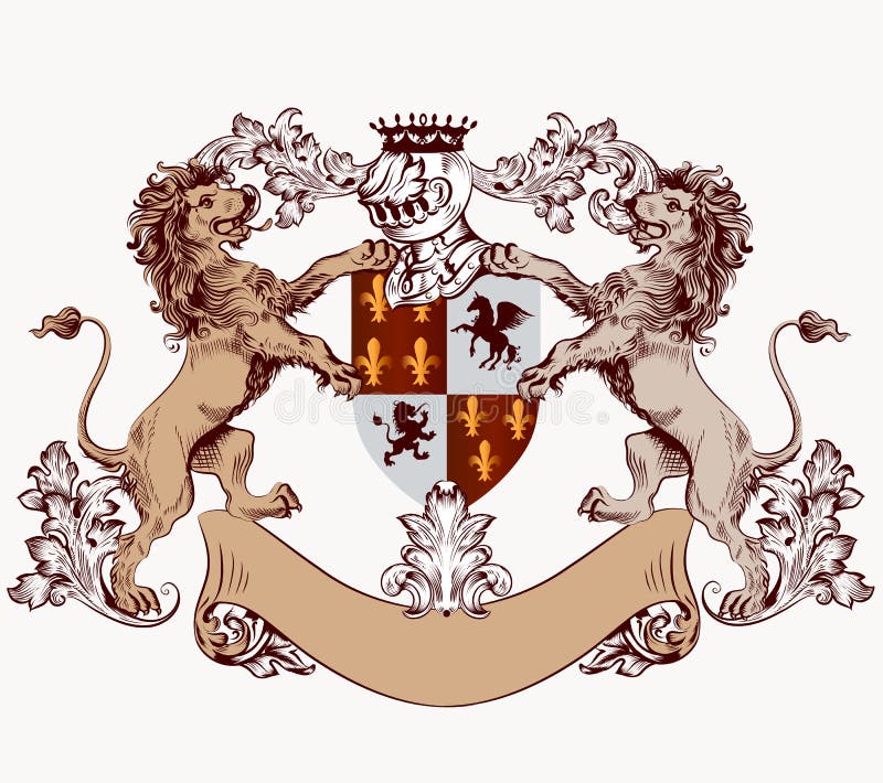 Heraldic design element with hand drawn lions and shield