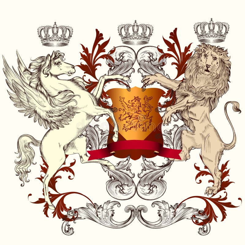 Heraldic design with shield, winged horse and lion