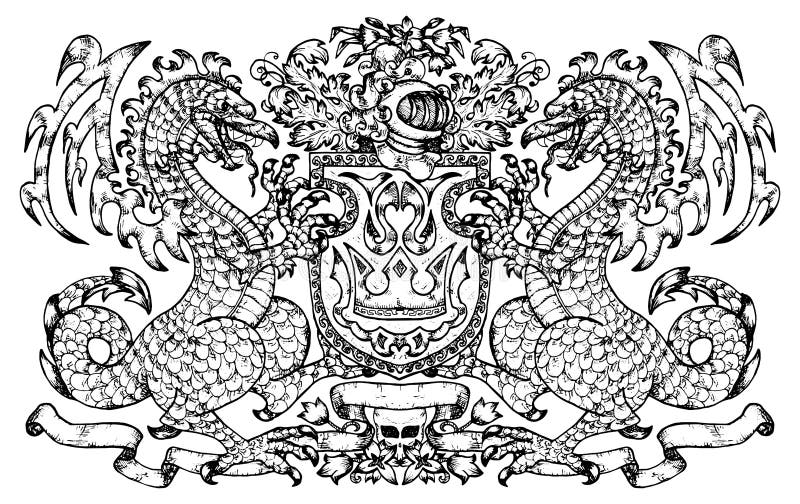 Heraldic emblem with fairy dragon holding shield isolated on white, line art