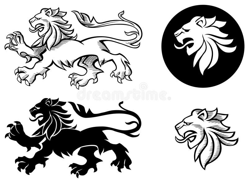 B&W ancient lion drawing, lion head variants. B&W ancient lion drawing, lion head variants