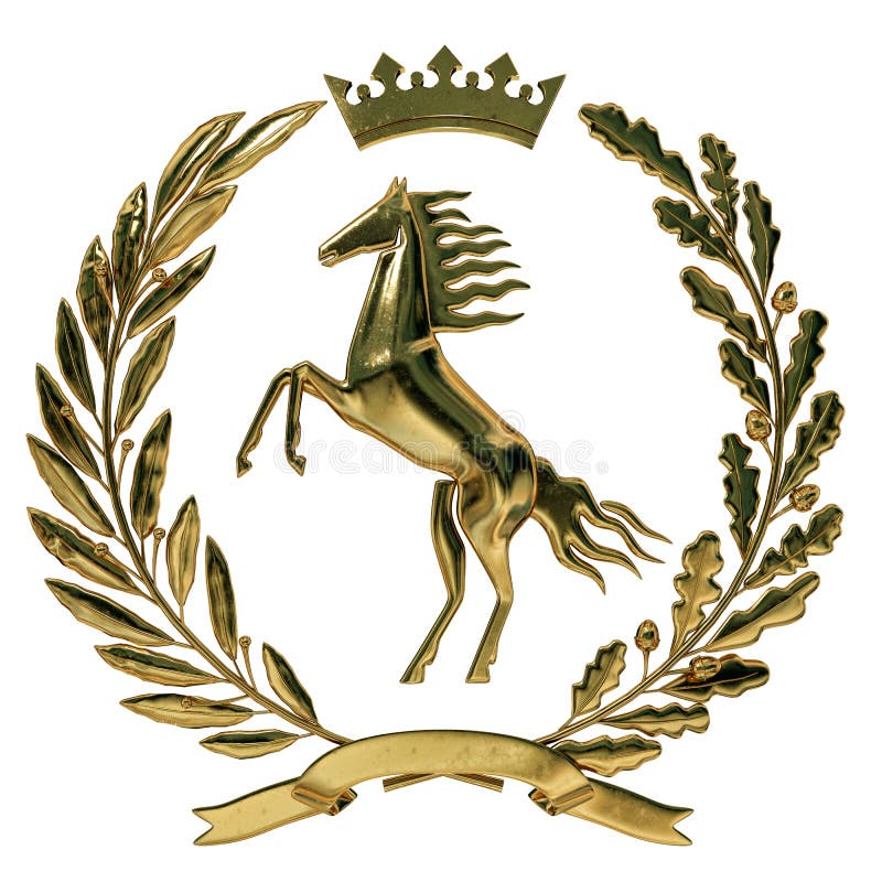 heraldik för illustration 3D, vapensköld Guld- olivgrön filial, ekfilial, krona, sköld, häst Isolat vektor illustrationer heraldik för illustration 3D, vapensköld Guld- olivgrön filial, ekfilial, krona, sköld, häst Isolat vektor illustrationer