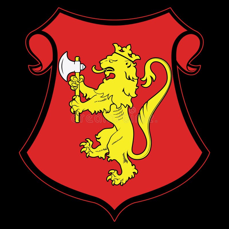 Heraldyczna Herb Norwegii. Zatopiony królewskÄ… koronÄ…, szkarÅ‚atnÄ… tarczÄ… ze zÅ‚otym, koronowanym lwem trzymajÄ…cym ilustracja wektor
