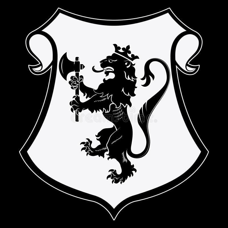 Heraldyczny herb Heraldyczna sylwetka lwa, heraldyczna tarcza z koronnym lwem trzymającym siekierę w przednich łapach royalty ilustracja