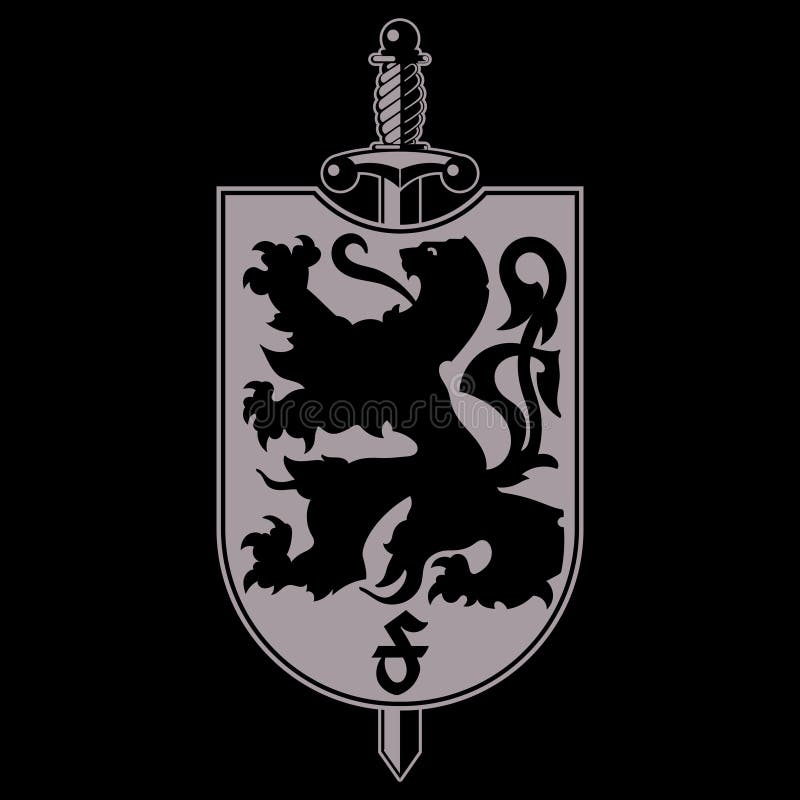 Heraldyczny herb. heraldyczna tarcza lwa heraldyczna z lwem i mieczem ilustracji