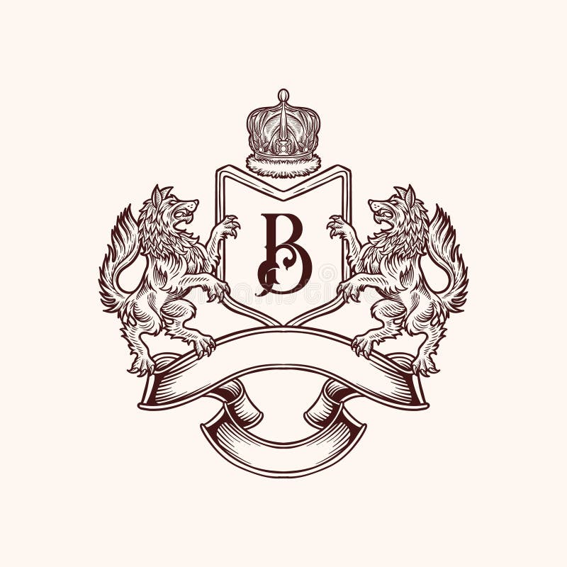 Heraldyczny herb z tarczą z dwoma wilkami w stylu vintage ilustracja wektor