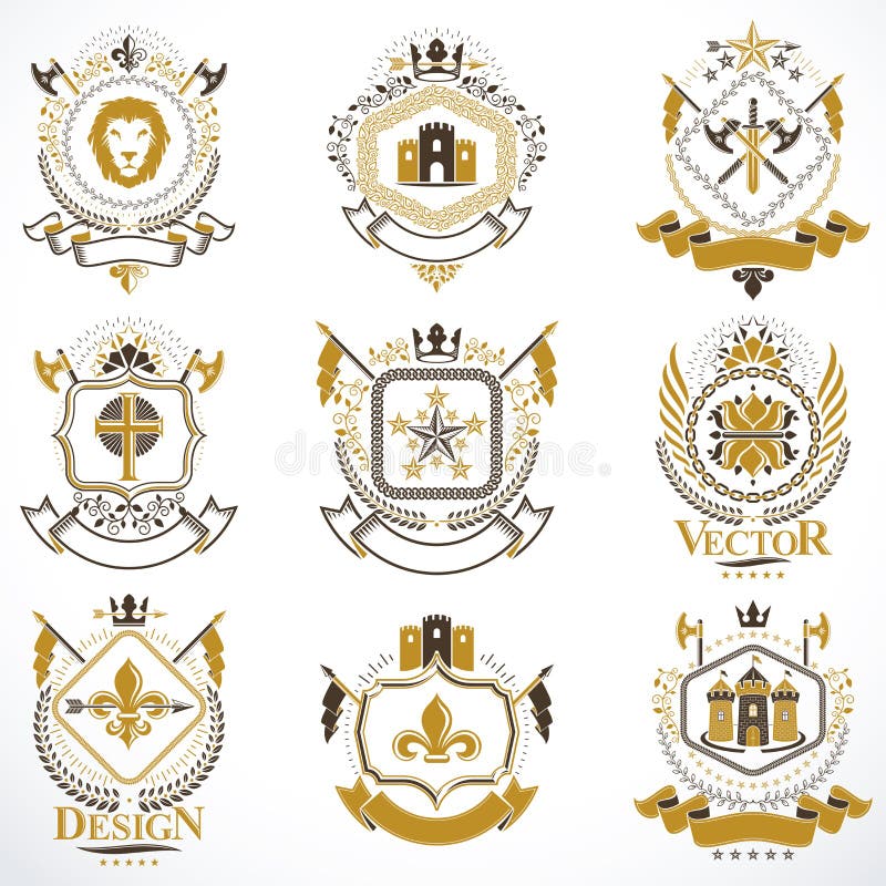 Heraldyczny żakiet ręki tworzył z roczników elementami, anim. Heraldyczny żakiet ręki tworzyć z roczników elementami, zwierzęta, góruje, koronuje i gra główna rolę, Z klasą symboliczni emblematy inkasowi