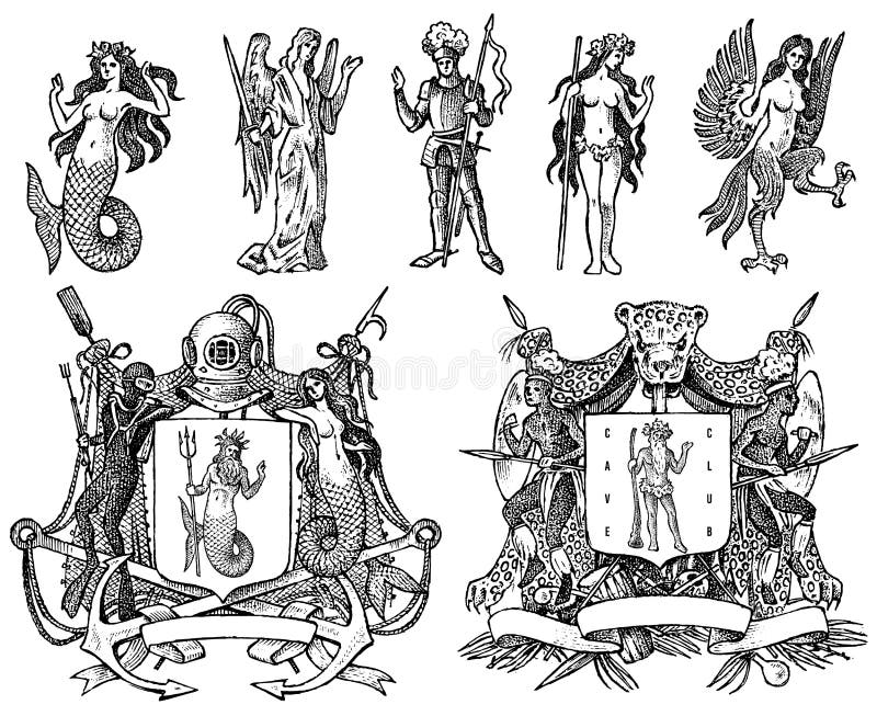 Heraldyka w rocznika stylu Graweruj? cy? akiet r? ki z zwierz? tami, ptaki, mityczne istoty, ryba, smok, jednoro? ec, lew ilustracji