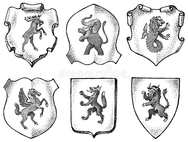 Heraldyka w rocznika stylu Graweruj? cy? akiet r? ki z zwierz? tami, ptaki, mityczne istoty, ryba, smok, jednoro? ec, lew royalty ilustracja