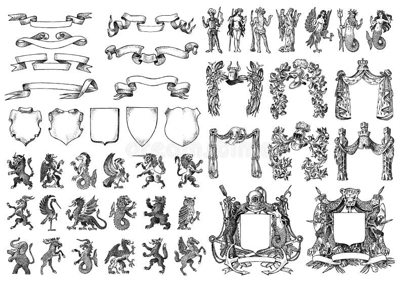 Heraldyka w rocznika stylu Graweruj? cy? akiet r? ki z zwierz? tami, ptaki, mityczne istoty, ryba, smok, jednoro? ec, lew ilustracji