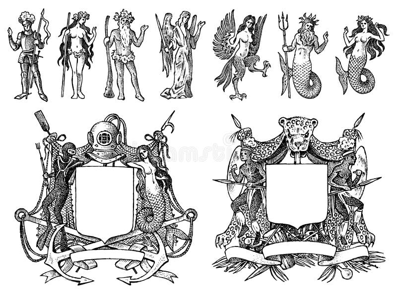Heraldyka w rocznika stylu Graweruj? cy? akiet r? ki z zwierz? tami, ptaki, mityczne istoty, ryba, smok, jednoro? ec, lew ilustracja wektor
