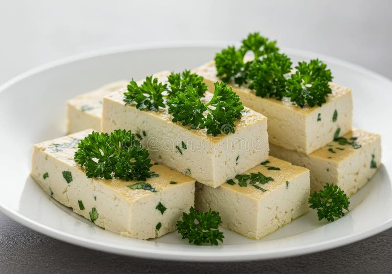 Herb Baked Tofu Blocks Kräutergebackene Tofu Blöcke mit frischen Petersilie serviert auf einem weißen Teller A gesund und stock abbildung