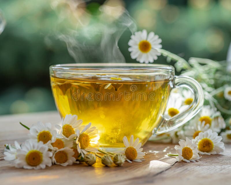 Herbal chamomile tea och chamomile-blommor nära teapot och teglas på träbord. landskapsbakgrund royaltyfri fotografi