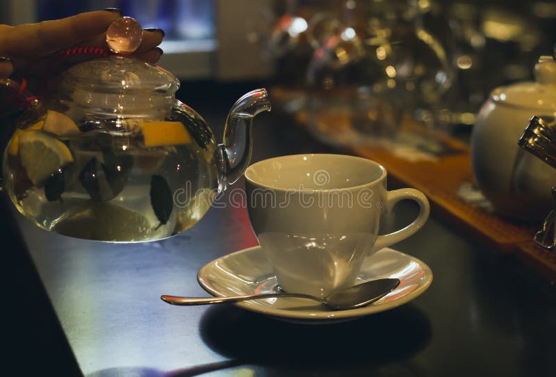 Herbal Tea and Cup on the Bar Counter in Cafe Stock Image Image of