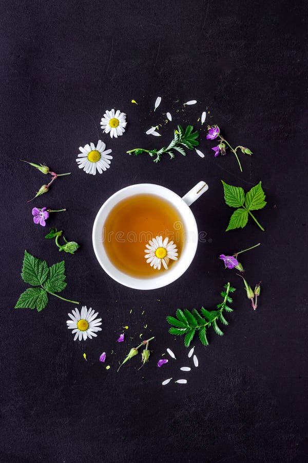 Herbal Tea Green Herbs and Wild Flowers, Top View Stock Photo Image