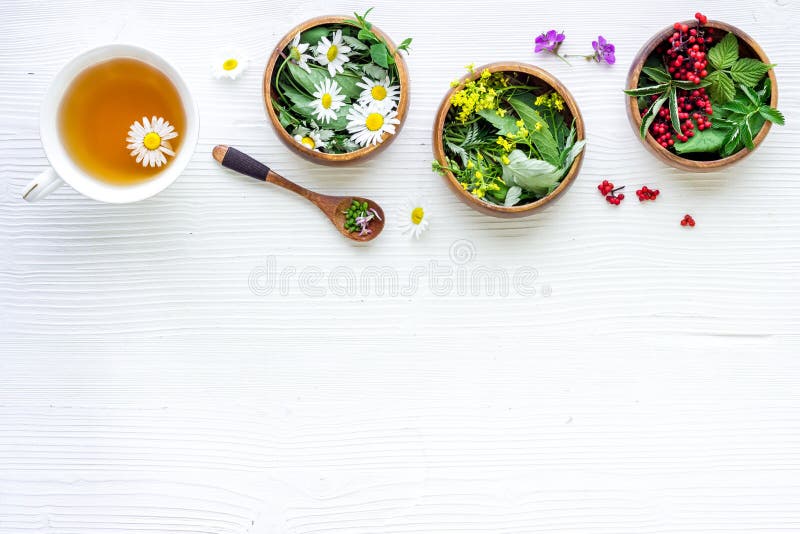Herbal Tea Green Herbs and Wild Flowers, Top View Stock Photo Image