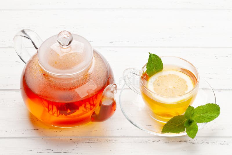 Herbal Tea with Mint and Lemon. Tea Cup and Teapot Stock Image Image