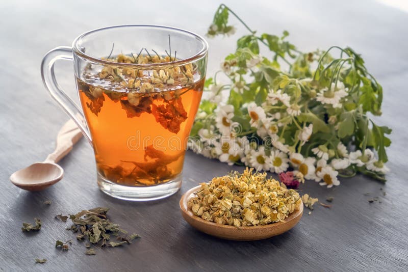 Herbal tea with pharmaceutical chamomile on wooden table. Close-up royalty free stock photos Herbal tea with pharmaceutical chamomile on wooden table. Close-up royalty free stock photos