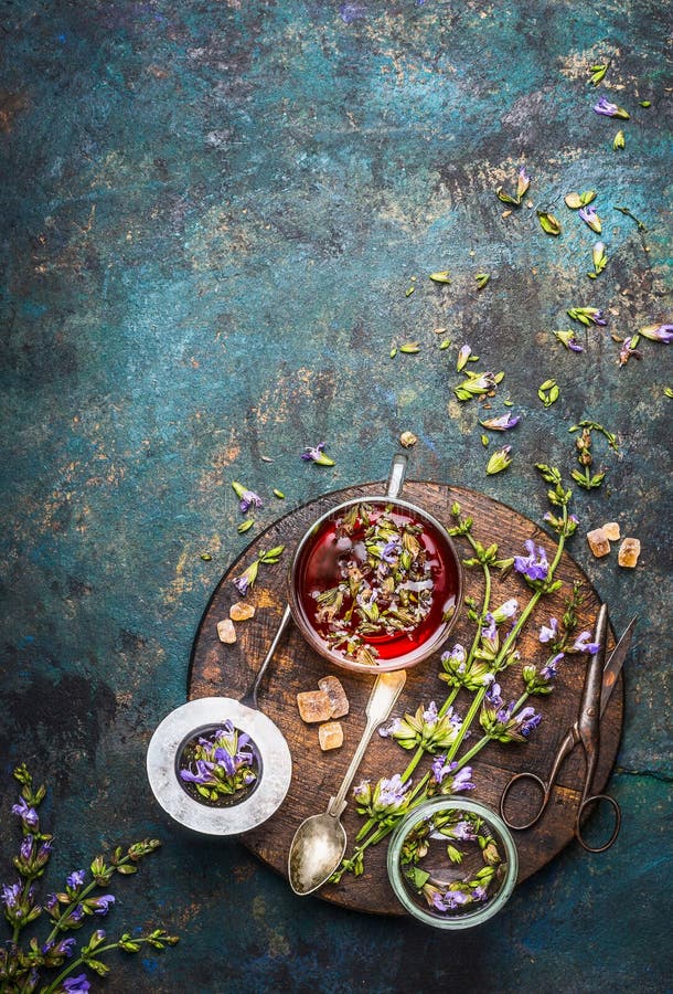 Herbal Tea Background with Various Fresh Healing Herbs and Flowers