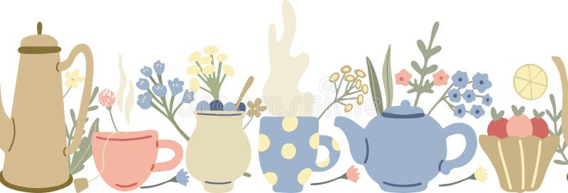 Herbal tea seamless border with lemons, teapots, fruit desserts, wild flowers and mugs of tea.