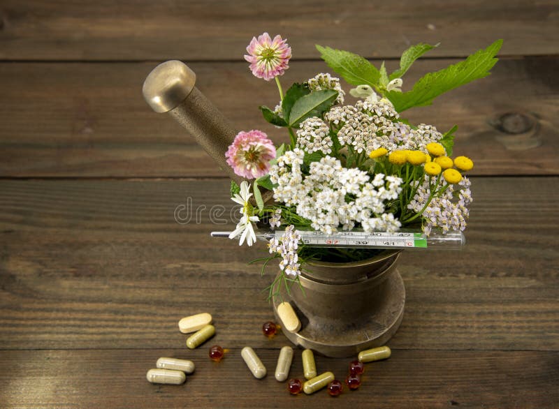 Seringue, des herbes avec mortier et Pastel Photo Stock - Alamy
