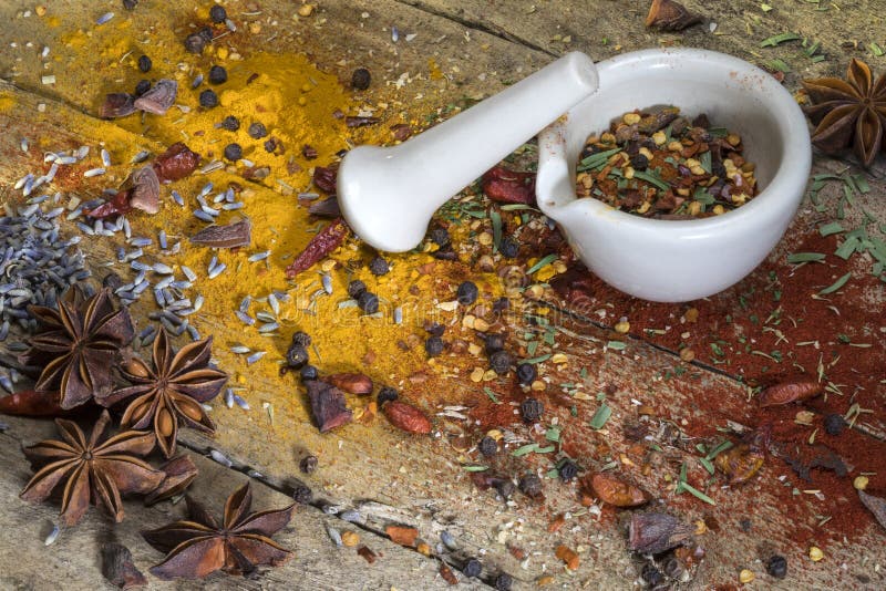 Set of Spices and Mortar with a Pestle Isolated on White Background