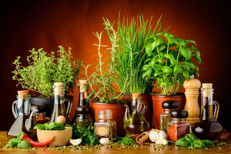 Herbs, spices and olive oil