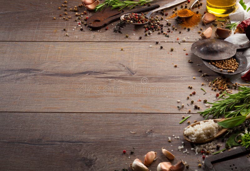 Herbs and Spices on Wood Table Stock Photo - Image of colored, layout ...