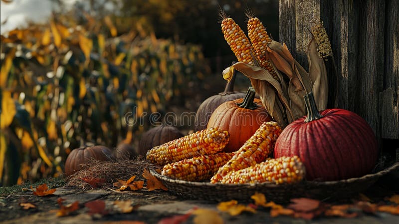 Herbst Ernte Stillleben Pumpkins Getreide Erntedanken Rustikaler Fall Background rote Goldfarm Nahrung braun Gourmet. Rustikale Herbstszene mit Kürbismais und Herbstblättern. Perfekt für Erntedankfest Stillleben