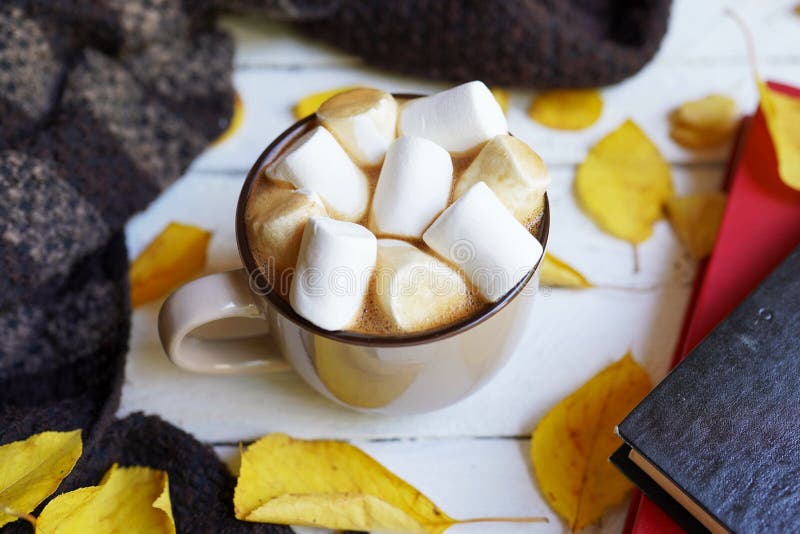Herbst flatlay mit Tasse Kaffee, Schal, gelben Blättern und Büchern auf weißem hölzernem Hintergrund lizenzfreies stockbild Herbst flatlay mit Tasse Kaffee, Schal, gelben Blättern und Büchern auf weißem hölzernem Hintergrund lizenzfreies stockbild