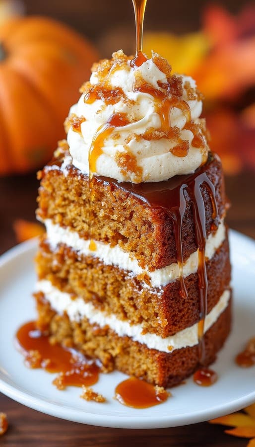 Herbst Gewürzkuchen mit gebackener Creme und Karamelll-Drizzle auf weißem Plate Herbst Dessert von AI