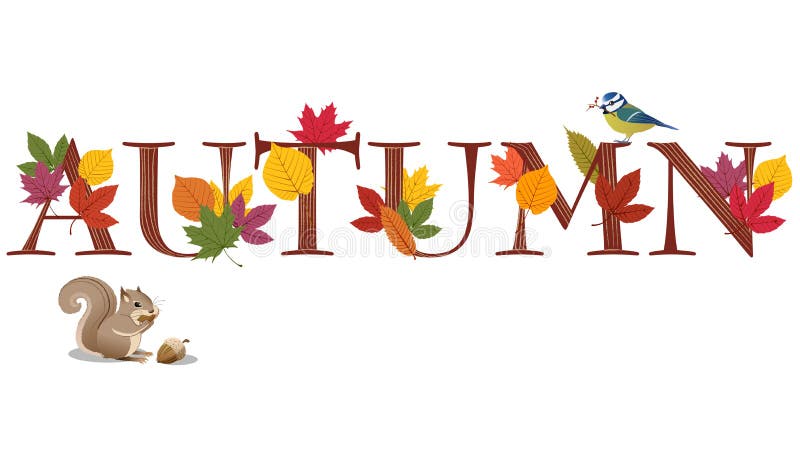 HERBST-Text verziert mit Blättern, blauem Vogel und s vektor abbildung HERBST-Text verziert mit Blättern, blauem Vogel und s vektor abbildung