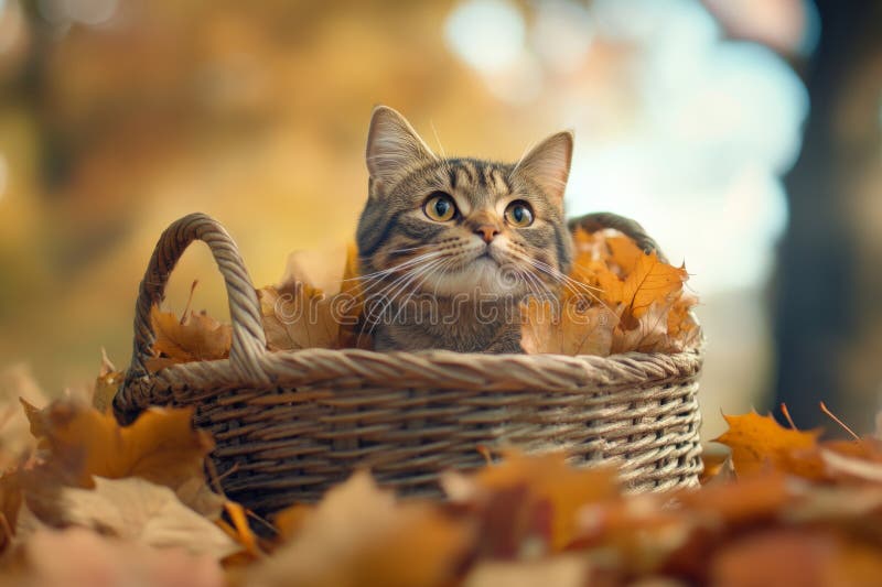 Herbstabenteuer bei Katzen in einem Korb lizenzfreie abbildung